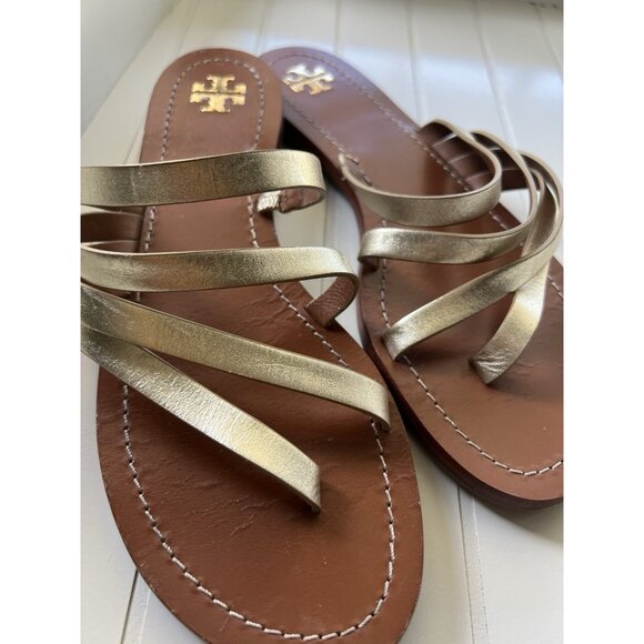 Tory Burch Patos Metallic Strappy Sandals Gold Leather Slides Summer Chic Size 9 - Picture 3 of 13